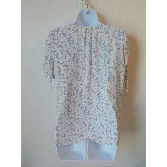 Rose Olive Women Small White Purple Floral Top Chiffon Shirred Short Sleeve - Picture 3 of 7